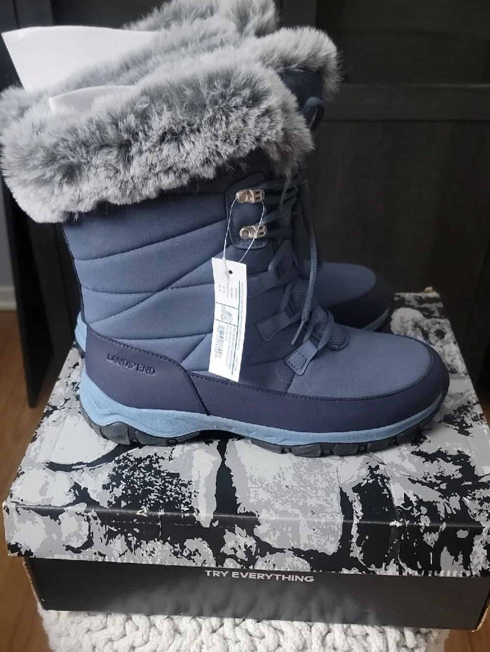 9.5 Women’s Waterproof Winter Lace-Up Boots in Slate Blue with Faux-Fur Collar - Picture 3 of 3